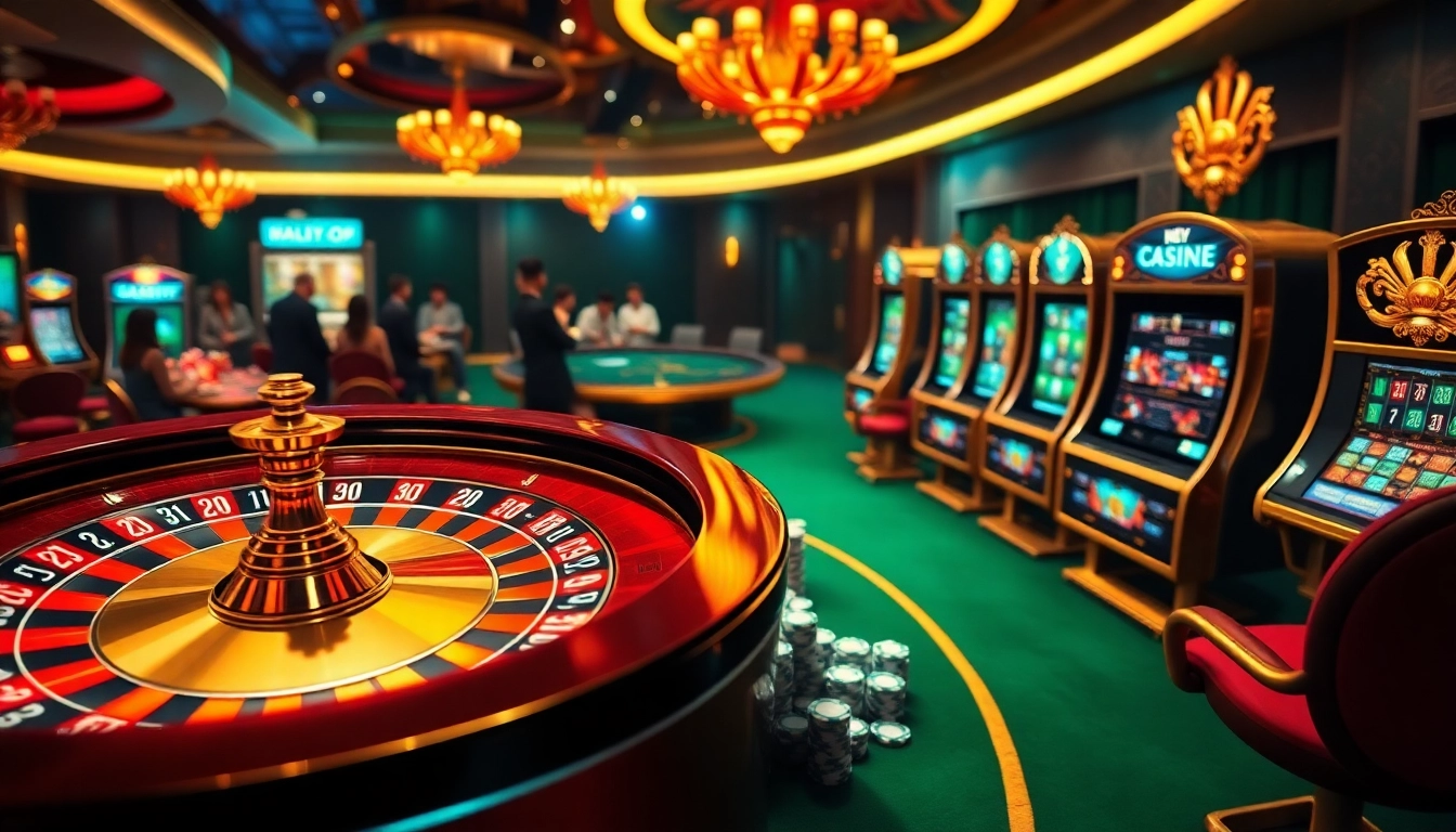 Experience the excitement of gambling at okfun.cn.com with vibrant casino visuals highlighting roulette and poker.