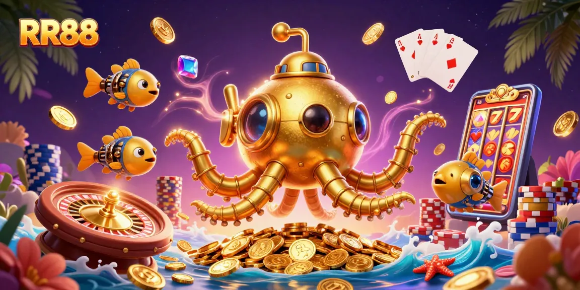 Experience thrilling games and big wins at RR88 with a vibrant casino illustration showcasing slot games and roulette.