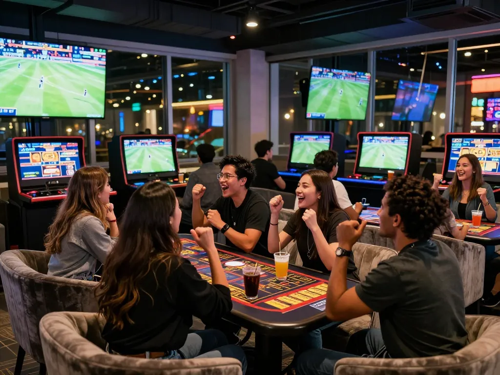 Group of friends enjoying a lively sports betting experience at rikbet lounge.