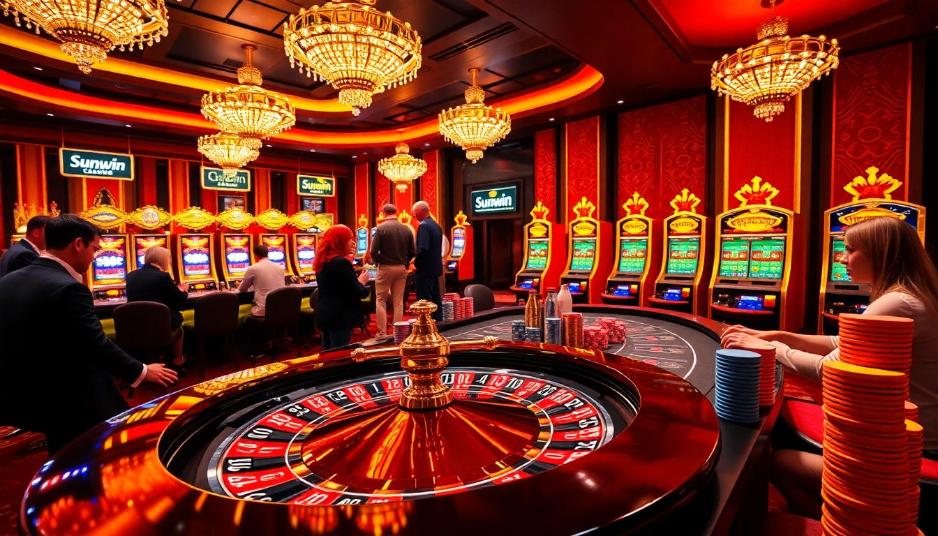 Players enjoying the excitement of gambling at Sunwin's luxurious casino tables.