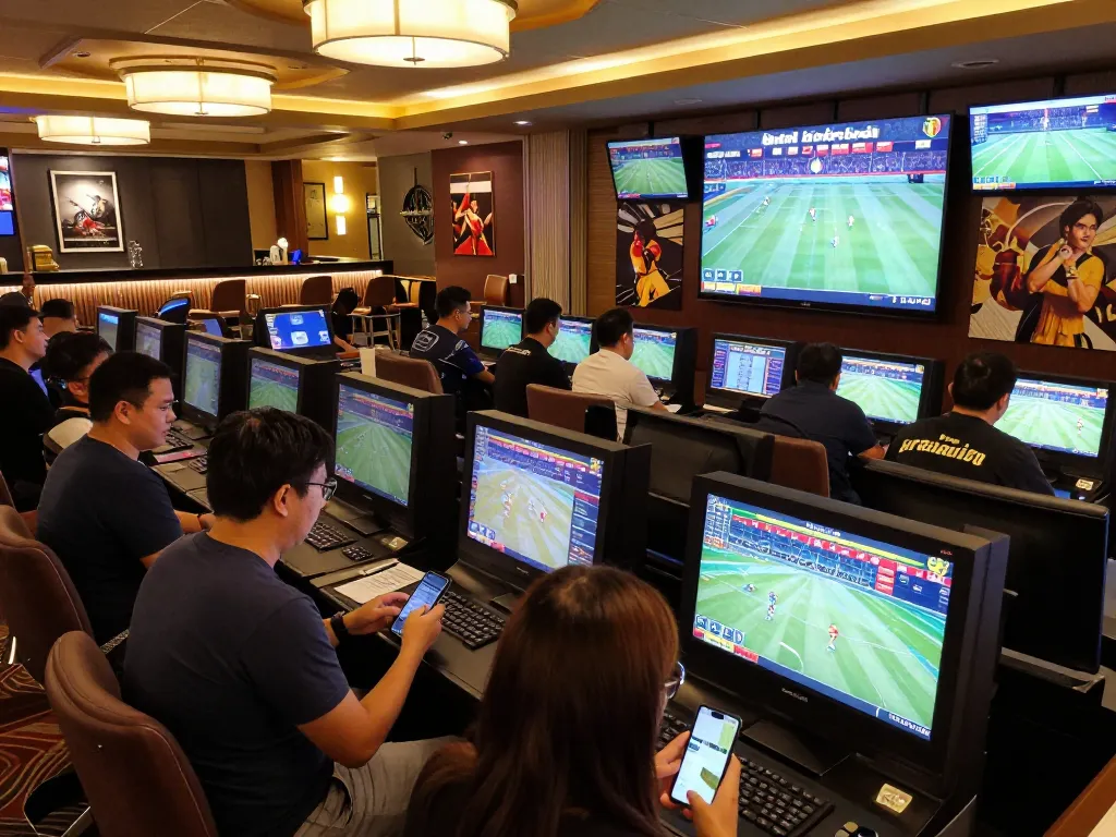 Engaged bettors analyzing kèo nhà cái in sports betting area with live odds screens.