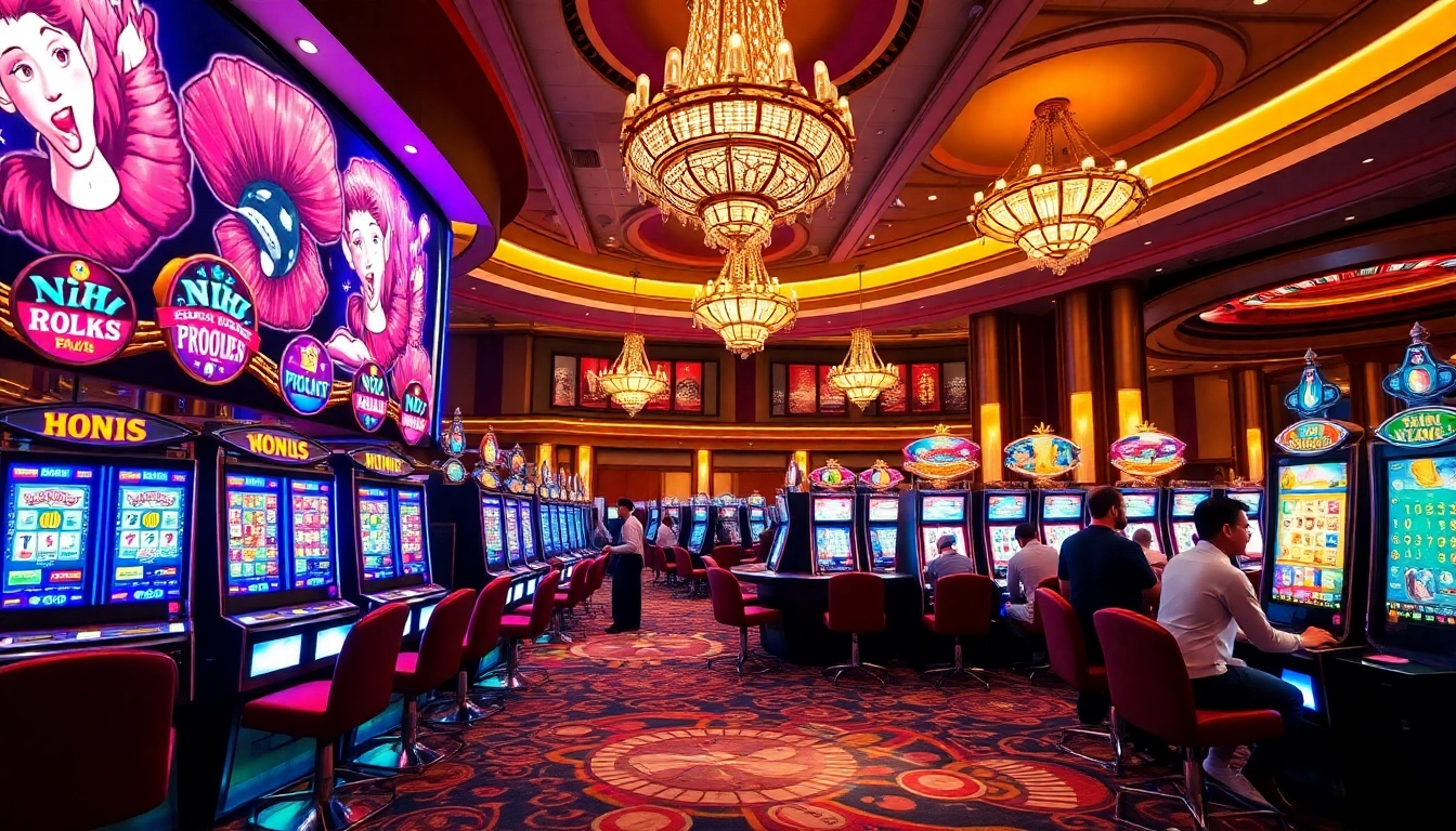 Exciting nổ hũ slot machines with players engaged in a vibrant casino atmosphere.