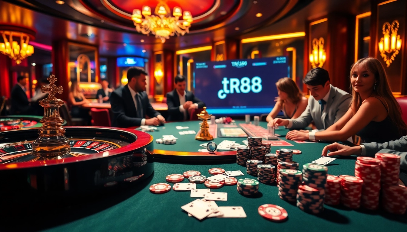 High-stakes gaming action at the tr88 casino, featuring excitement over cards, roulette, and betting.