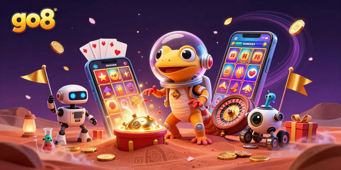 Engage with go8 gaming treasures as a Martian gecko unlocks golden casino surprises in a cosmic scene.