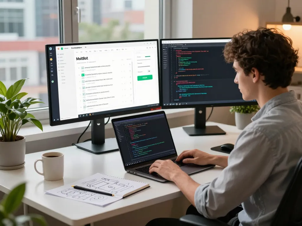 Moltbot personal AI assistant showcased in a modern developer workspace, highlighting coding and automation tasks.
