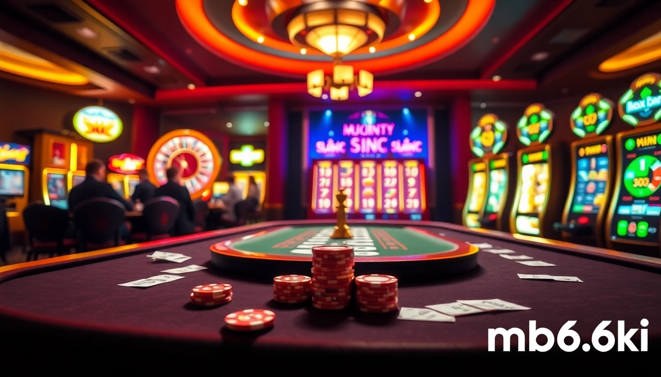 Exciting casino scene showcasing poker action at mb66.ski with vibrant tables and roulette.