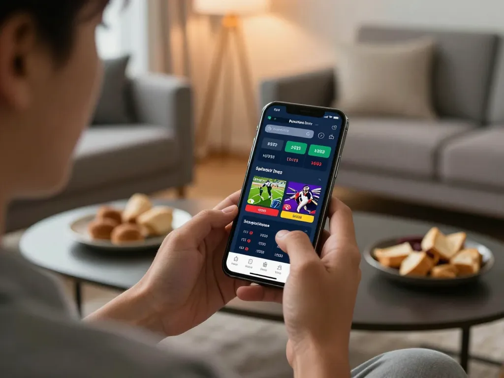 Engaging in online sports betting with 78winbs app on smartphone, surrounded by cozy atmosphere.