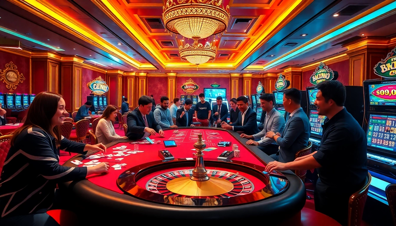 Experiencing the excitement of gambling at https://nk88nk.com/ with vibrant casino tables and happy players.