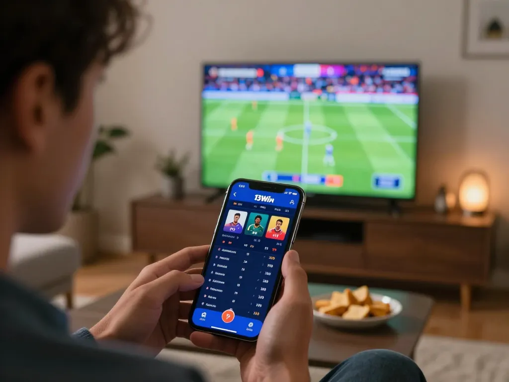 Player placing bets on 13Win mobile app as football match plays in background