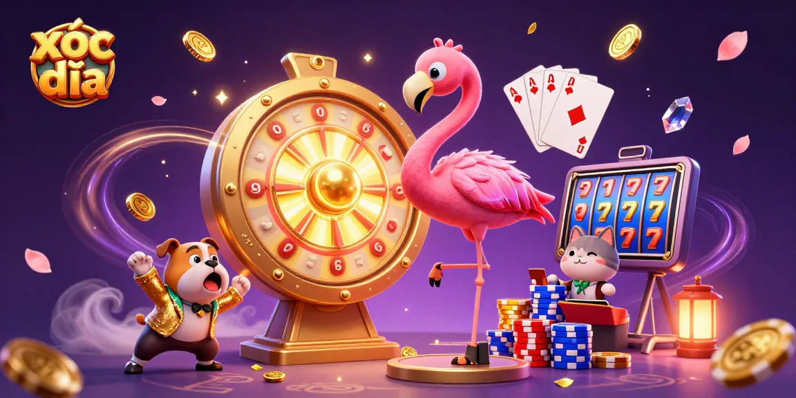 Xóc đĩa game scene with a host, contestant, and assistant surrounded by coins and cards.