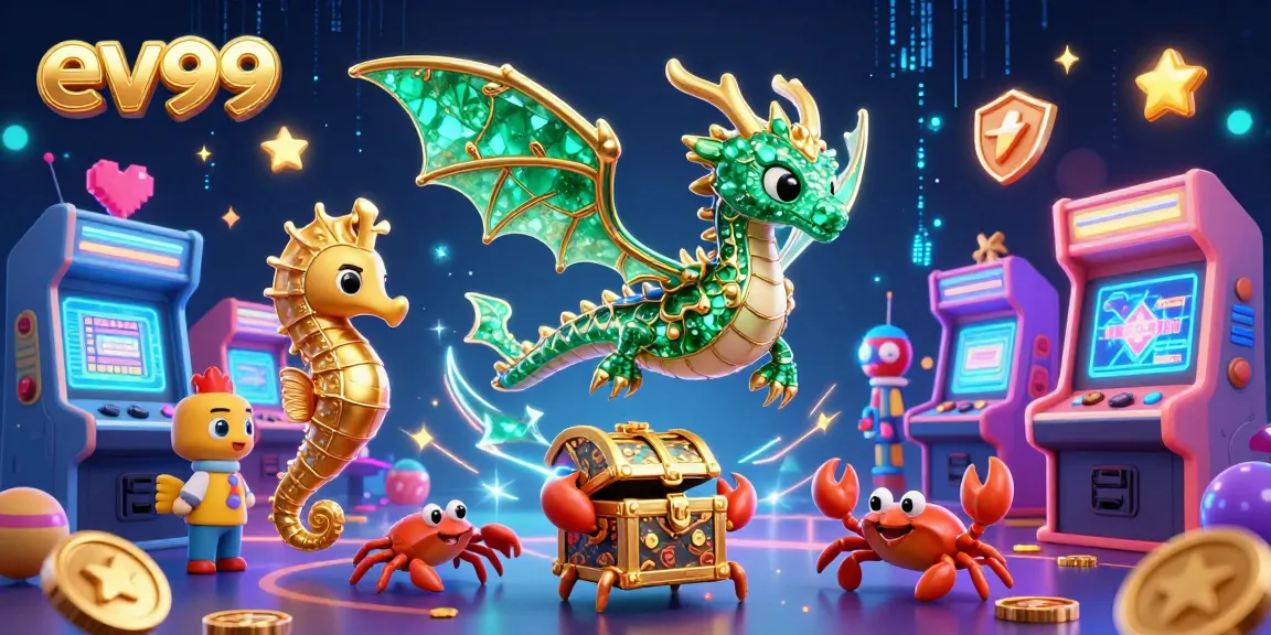 Spin and win with ev99's lavish gaming scene featuring a dragon, treasure chest, and vibrant arcade elements.