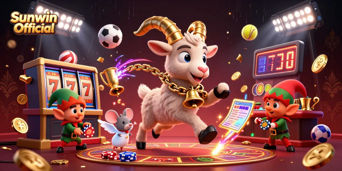 Engage with Sunwin Official in a vibrant, festive casino scene filled with 3D characters and dynamic gambling elements.