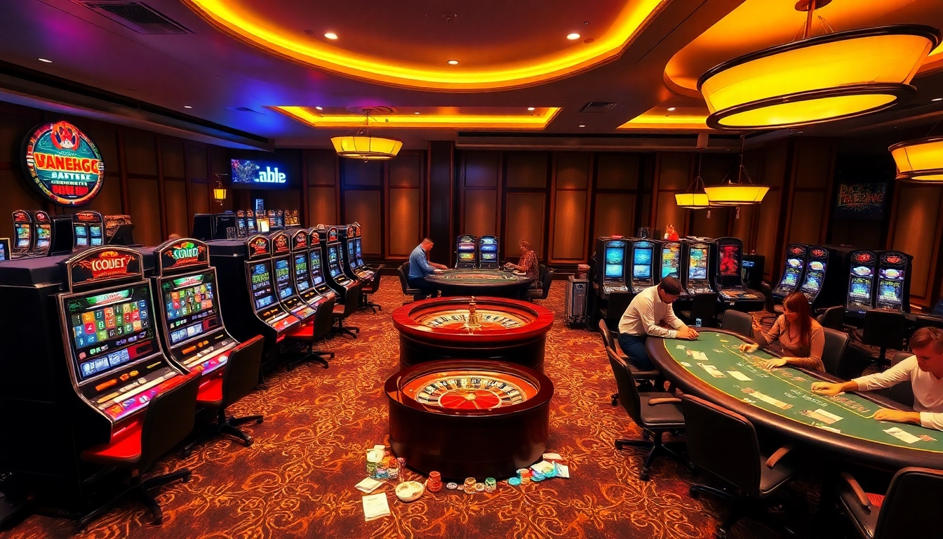 Gambling action at 789club with vibrant slot machines and poker tables.