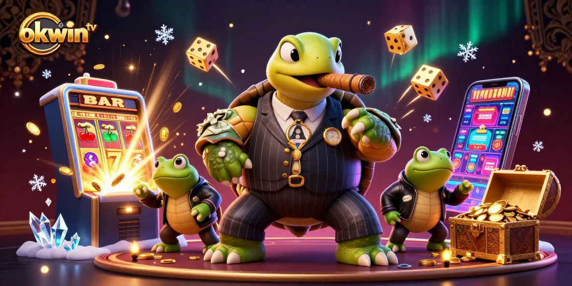 Spin the reels with Okwin TV: Snapping turtle mobster amid casino treasures.