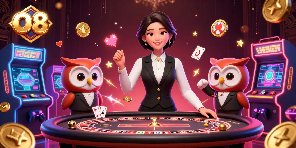 Experience thrilling gameplay with O8 featuring a dynamic Asian dealer and adorable owl assistant at a luxury casino.