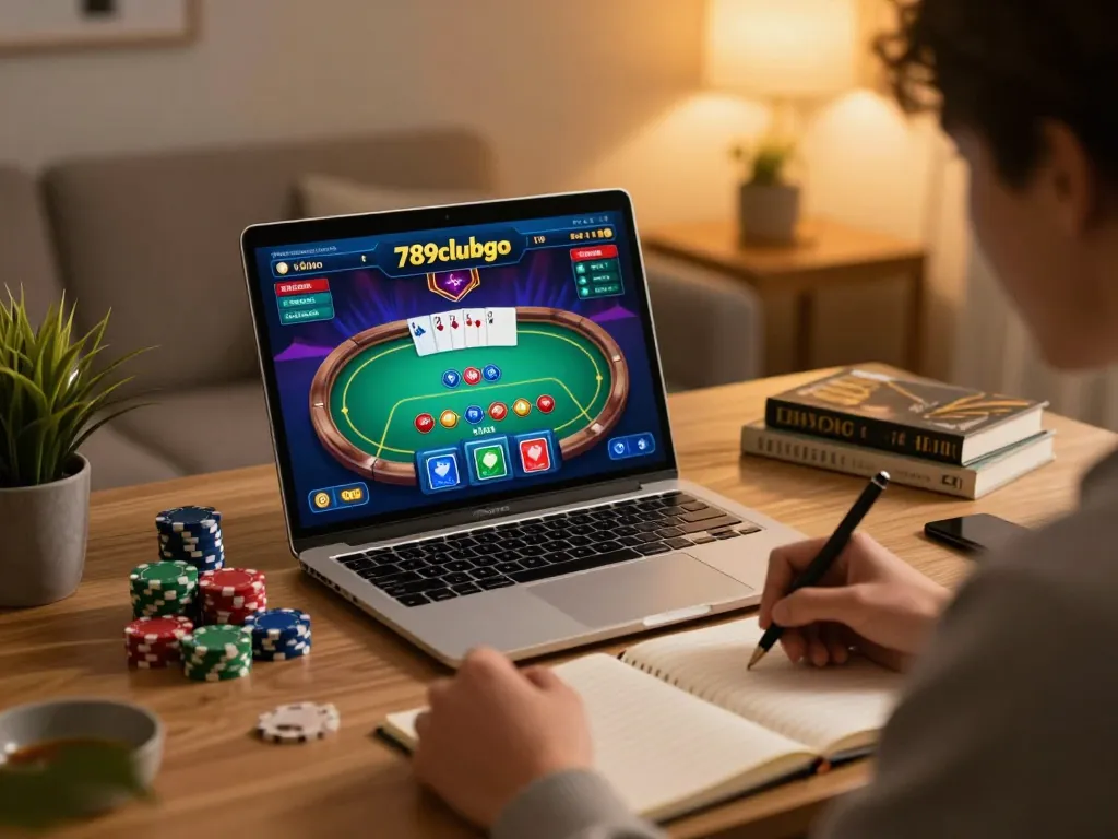 Engaged player using 789clubgo for strategic online poker gameplay at home.