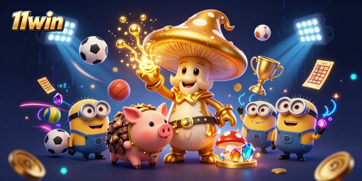 Experience the magic of 11win with a wizard and sports elements in a vibrant 3D scene.