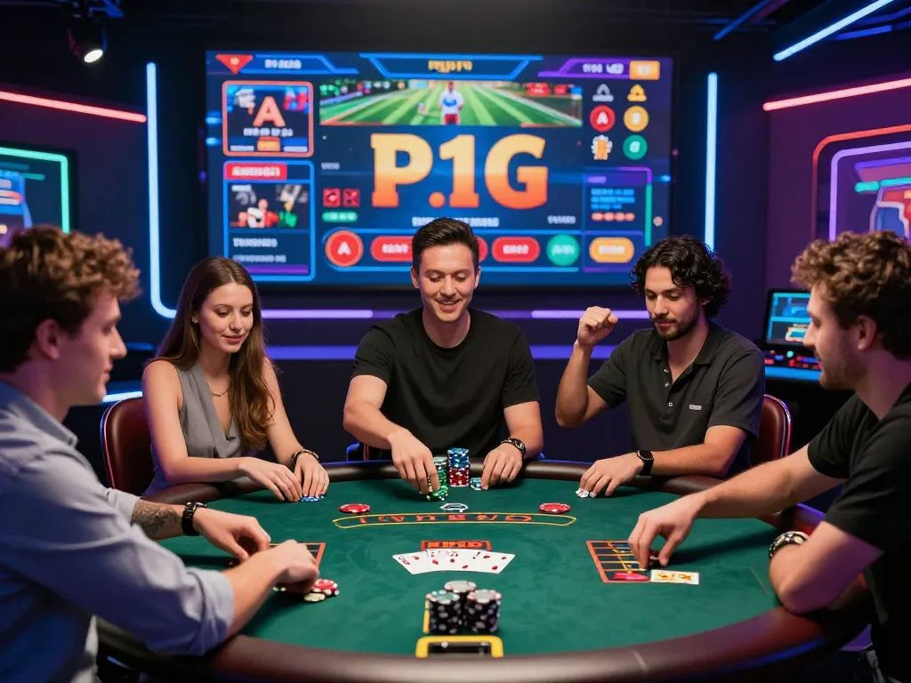 Players enjoying BJ888 online casino games with excitement and neon lights, showcasing a vibrant gambling experience.