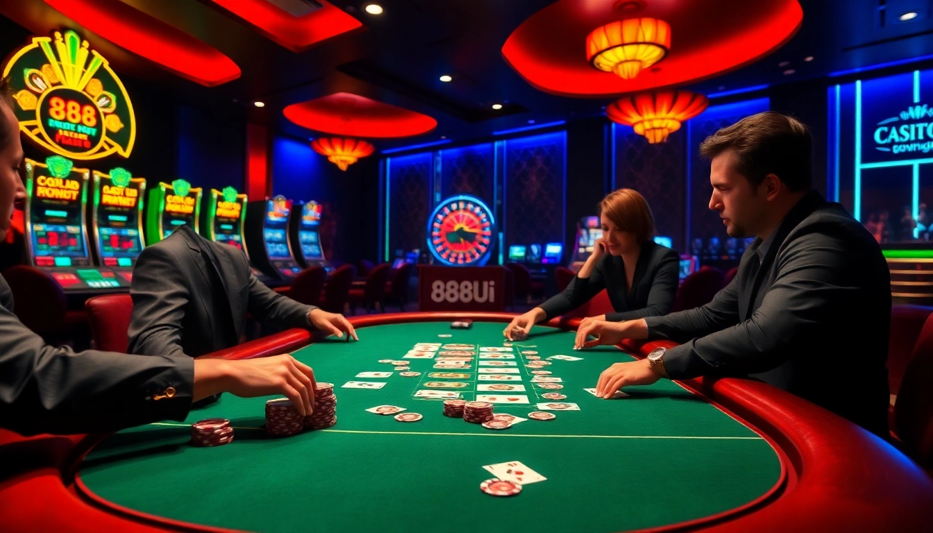 Exciting poker game scene at 888VI casino with vibrant colors and luxury gaming elements.
