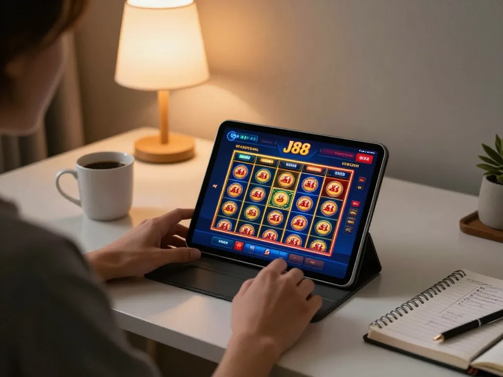 Engaging with J88 casino game on tablet in a cozy home setting, showcasing strategic focus and modern decor.