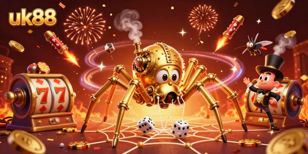 Engage with exciting uk88 casino action through a vibrant slot-filled illustration featuring steampunk elements.