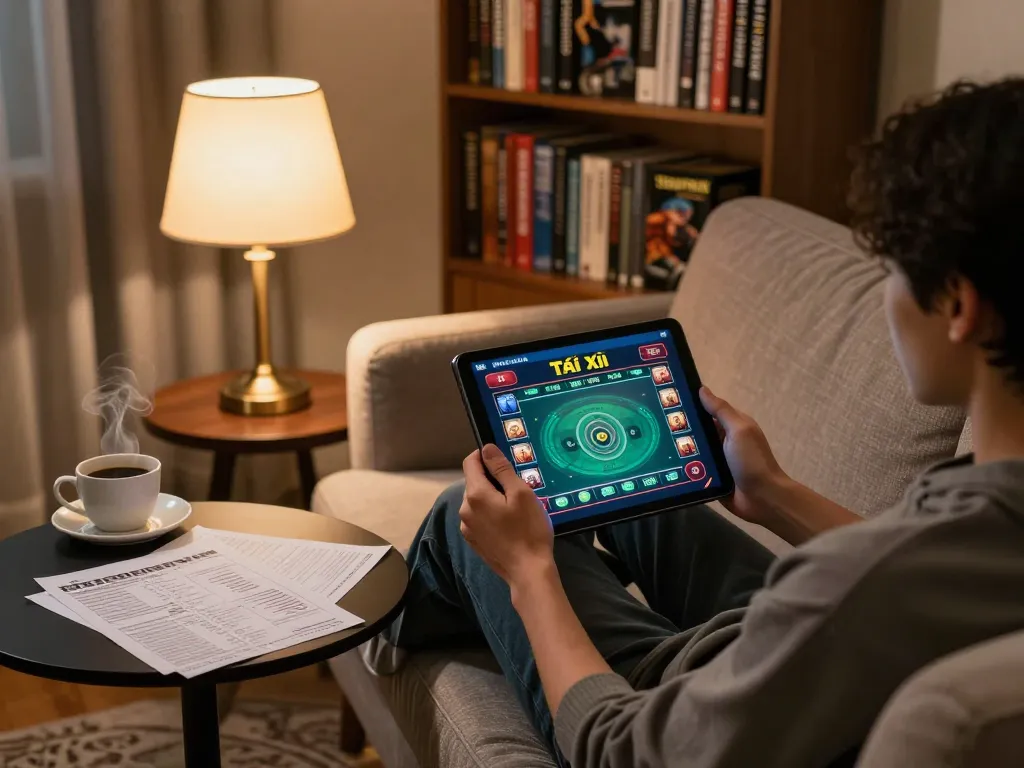 Tài Xỉu gameplay on a tablet in a cozy home setting with strategic notes and coffee.