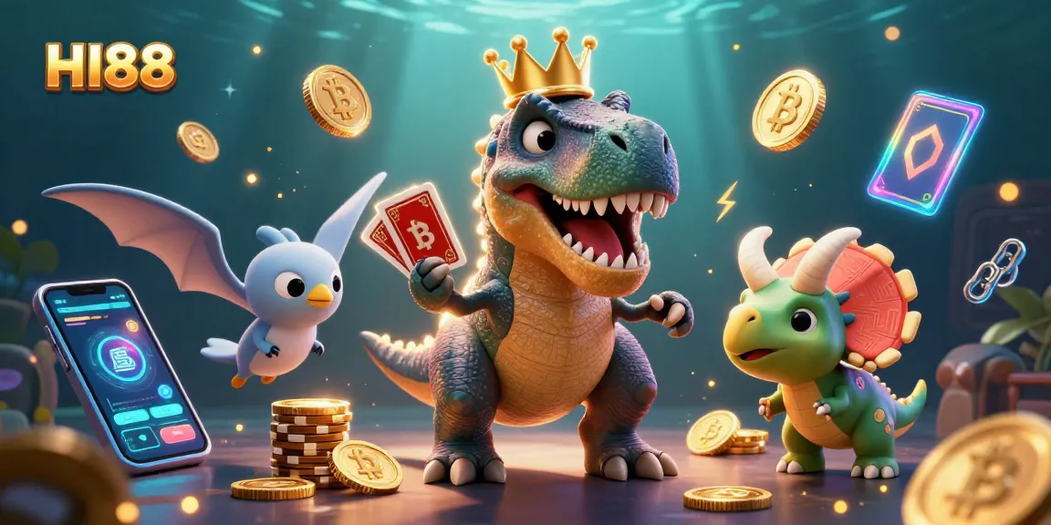HI88 showcases a T-Rex playing cards, with crypto coins and chips, highlighting a vibrant casino theme.
