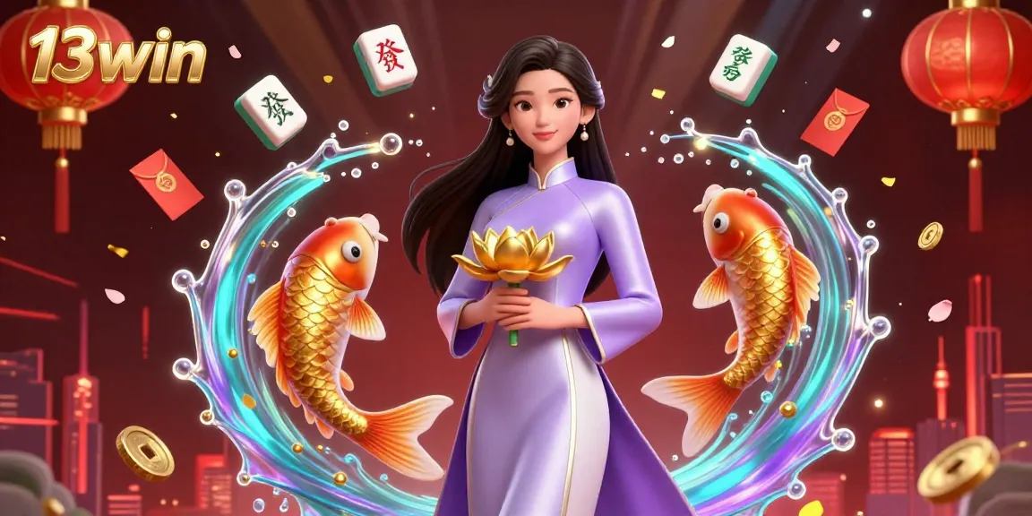 Experience 13win's vibrant casino scene featuring a stunning Asian woman, koi fish, and dynamic gaming elements.