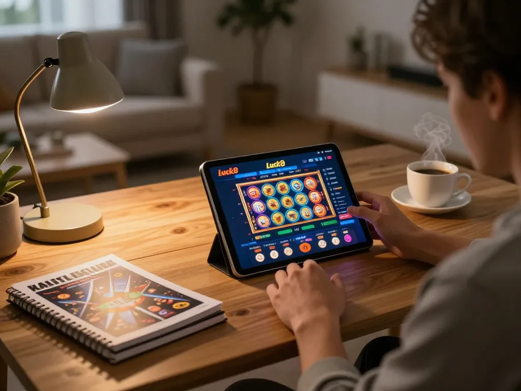 Engaging with Luck8 casino app on tablet during a relaxed home gaming session