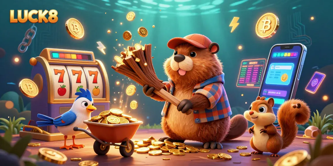 LUCK8 showcases a vibrant animated casino scene with gold coins raining from a tree as cartoon characters engage in playful gambling activities.