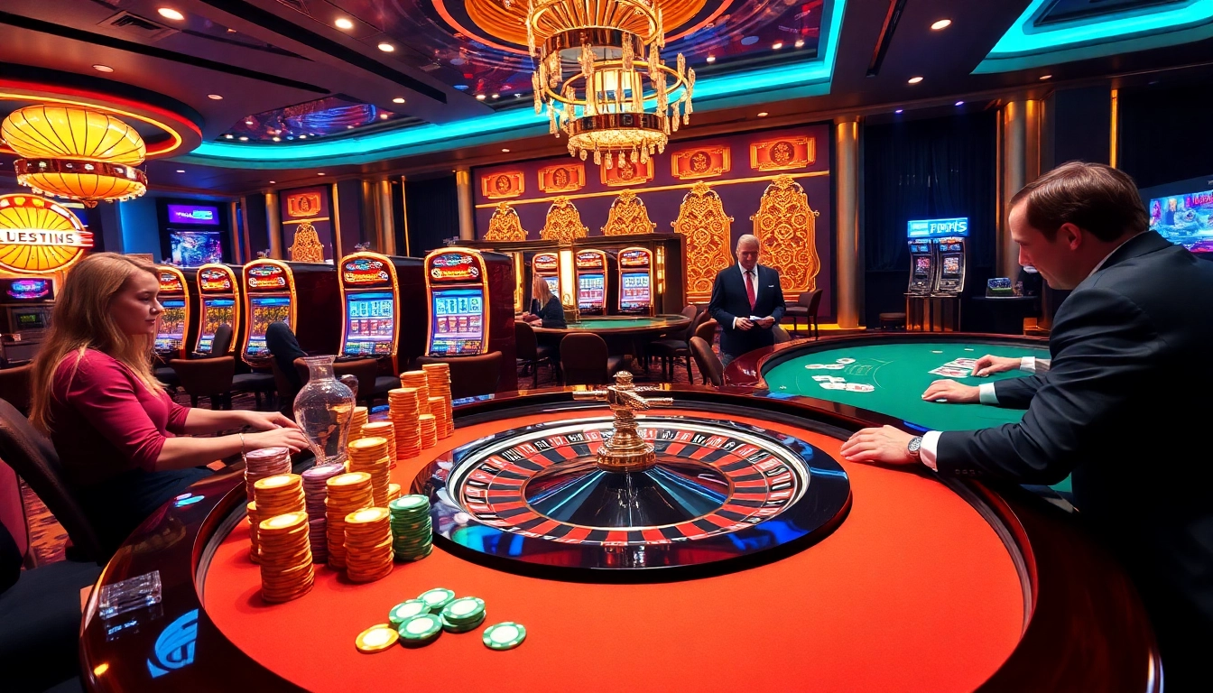 A thrilling gambling scene at roulette tables showcasing the energy of https://nk88net.com/ with chips and cards.