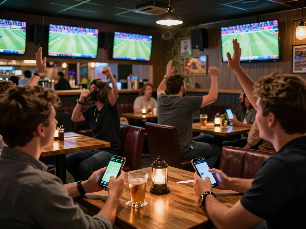 Bong88 app displayed on smartphones during a lively sports betting event in a vibrant sports bar.