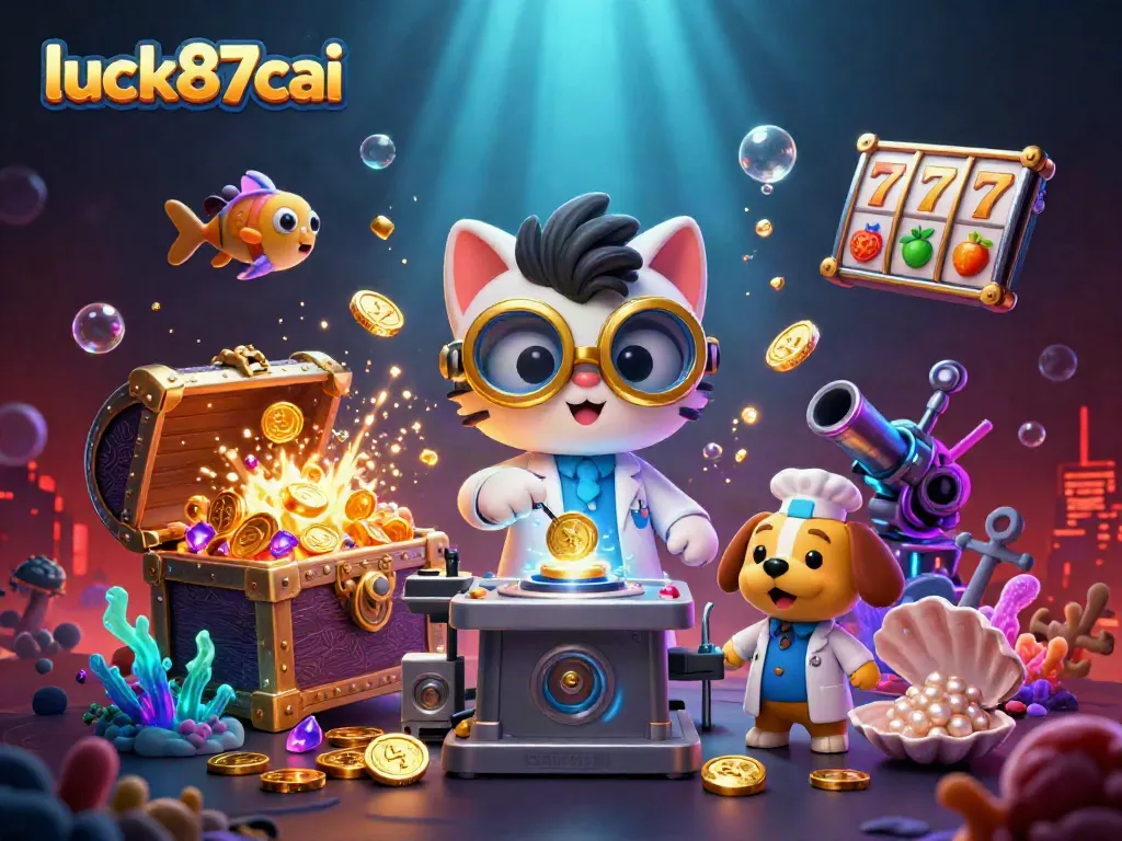 Engage with luck87cai's casino-themed adventure featuring cartoon characters, gold coins, and game elements.