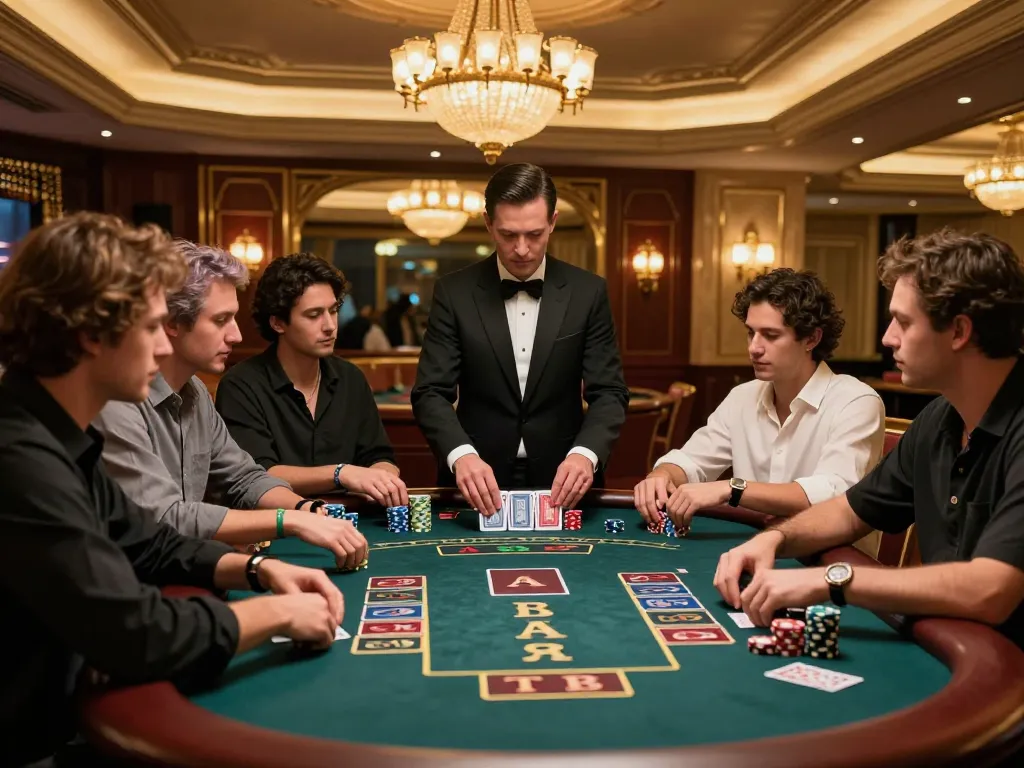 Experience the thrill of FIVE88 at a blackjack table with eager players and a focused dealer.