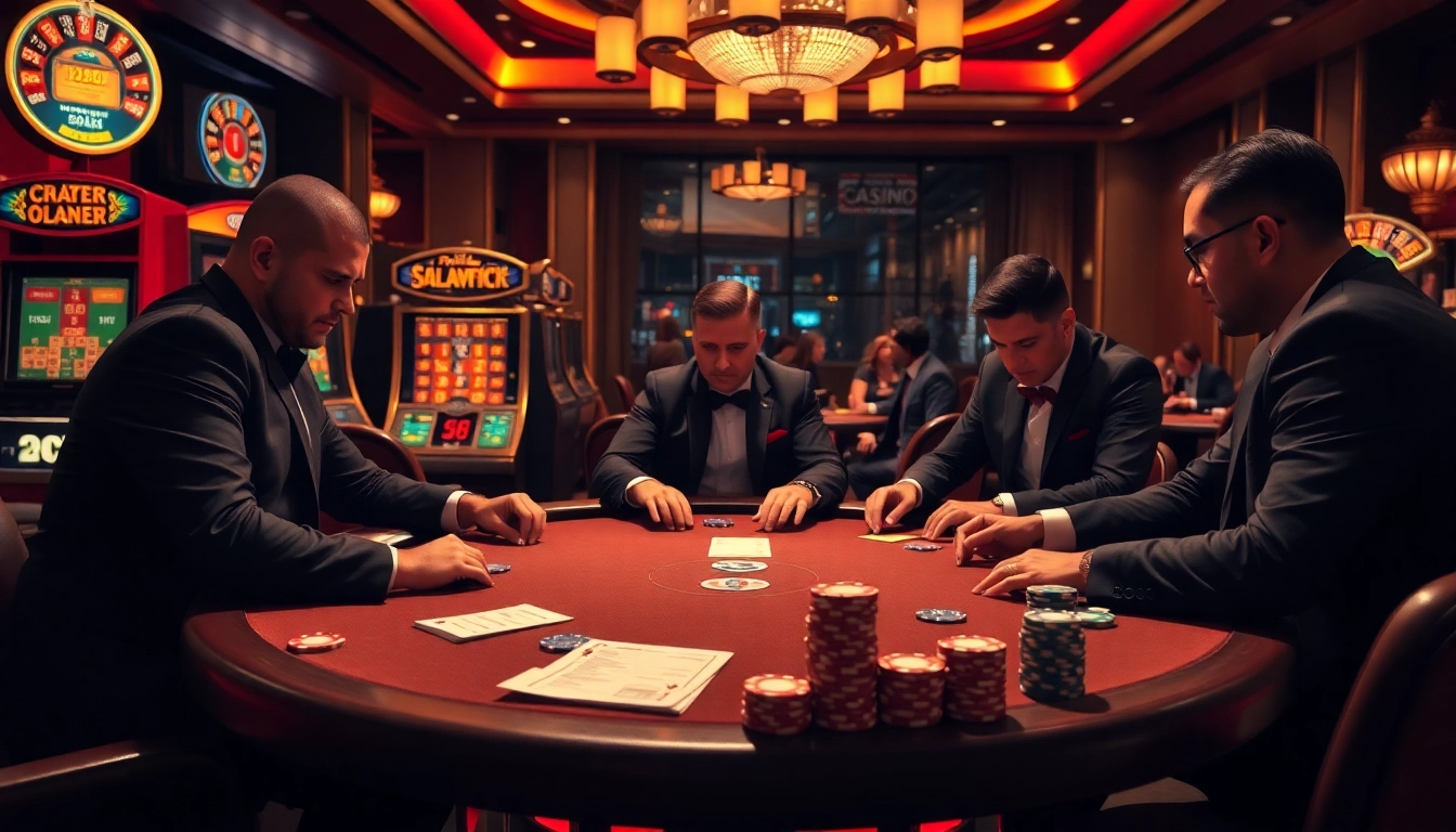 BDTK66 players strategizing over a high-stakes poker game illuminated by casino lights.