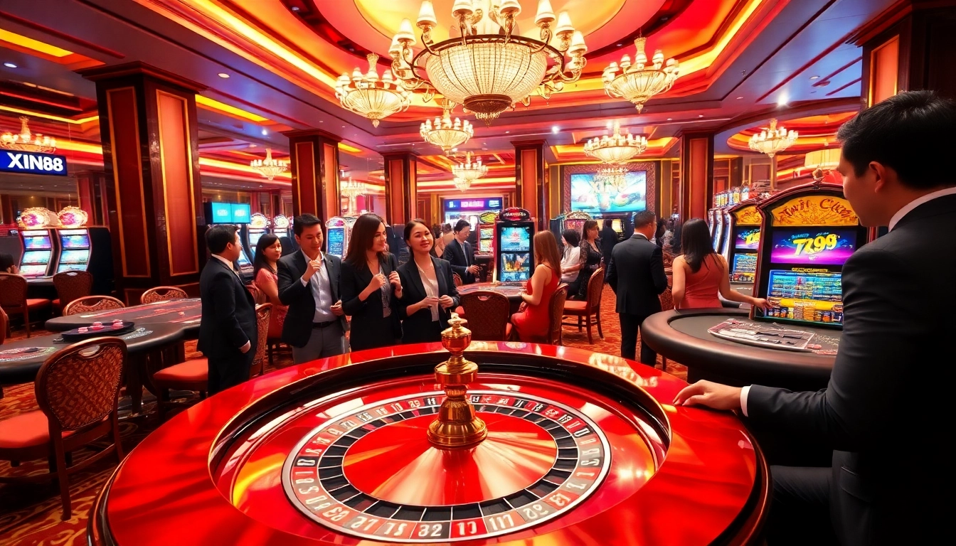Experience the excitement of Trang Chủ XIN88 in a luxurious casino filled with roulette, slots, and poker tables.