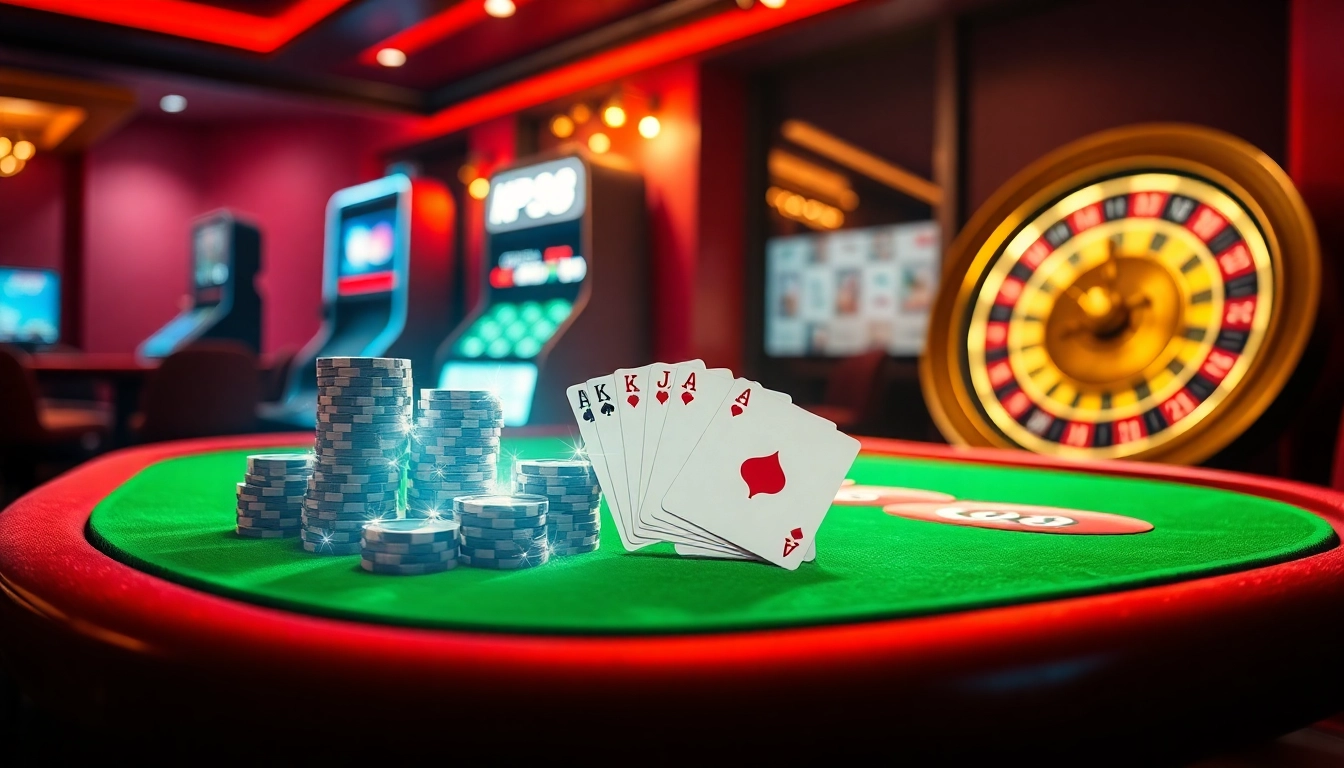 Exciting KP88 online casino scene featuring poker chips and a roulette wheel.