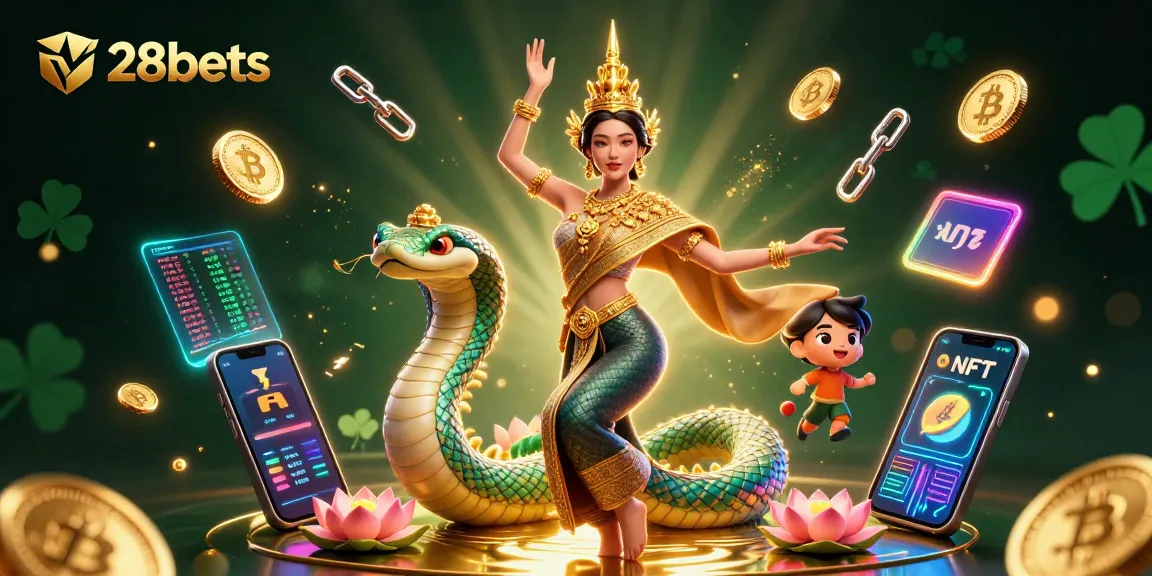 Experience thrilling gaming at 28bets with vibrant visuals of Thai beauty and crypto elements.