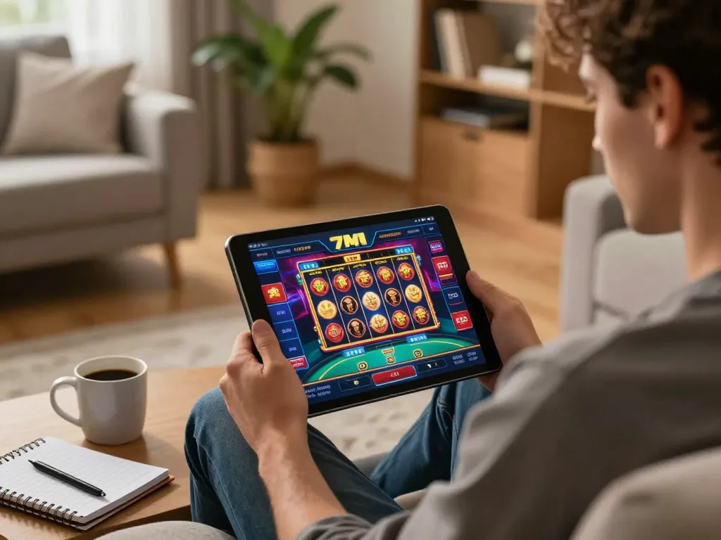 Engaging 7M casino app experience on a tablet in a cozy home setting, highlighting strategic gaming.
