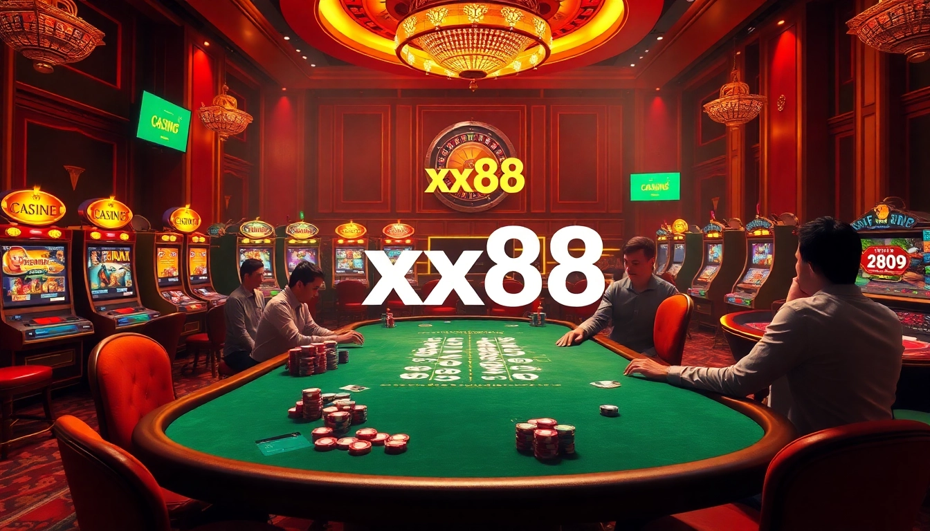 Players enjoying intense poker games with xx88 branding in a luxurious casino setting.