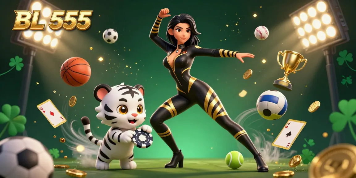 Engage with BL 555's thrilling gaming experience as a dynamic woman and tiger play among vibrant sports elements.