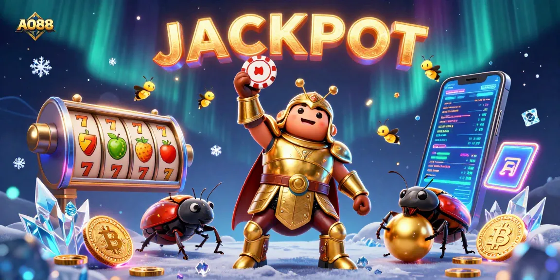 Experience AO88 jackpot excitement with dynamic slot reels and crypto elements in a vibrant 3D scene.