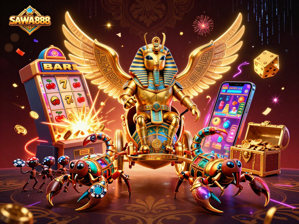 Experience SAWA888's vibrant casino atmosphere with a dazzling scene of golden scarabs, slot machines, and casino action.