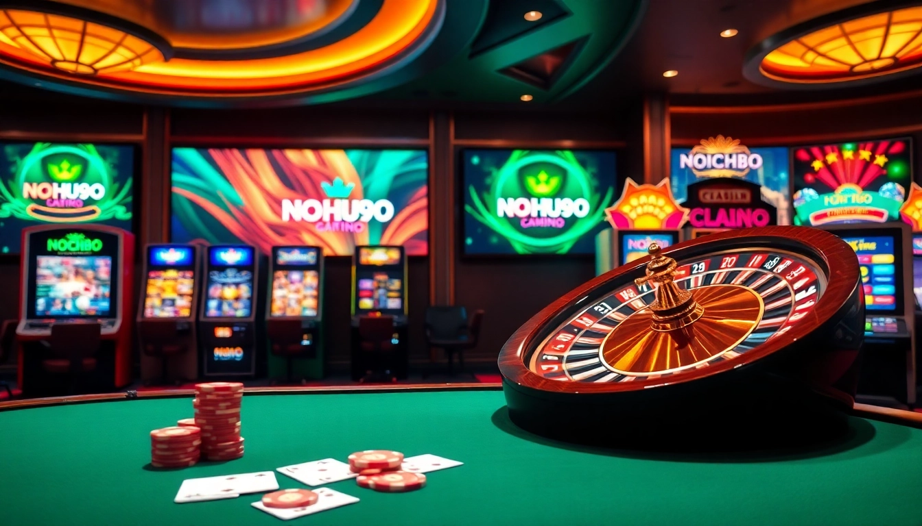 Players enjoying a thrilling casino experience with NOHU90 slot machines and poker tables.