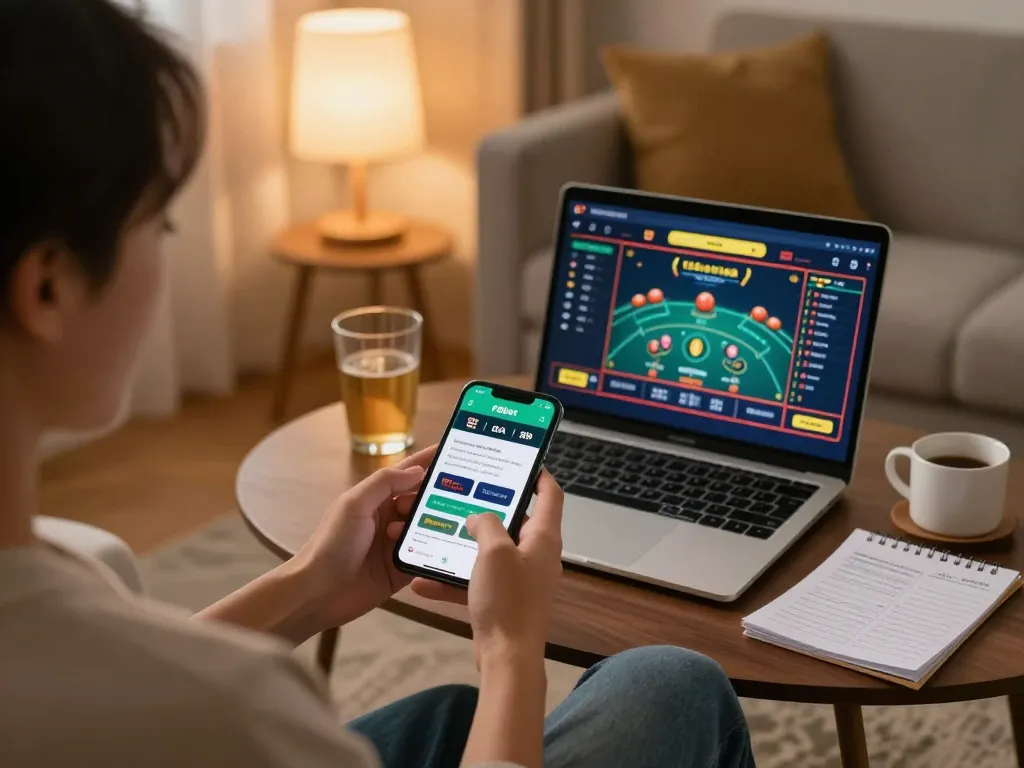 Engaging online betting experience with F8bet app on smartphone, cozy home atmosphere.