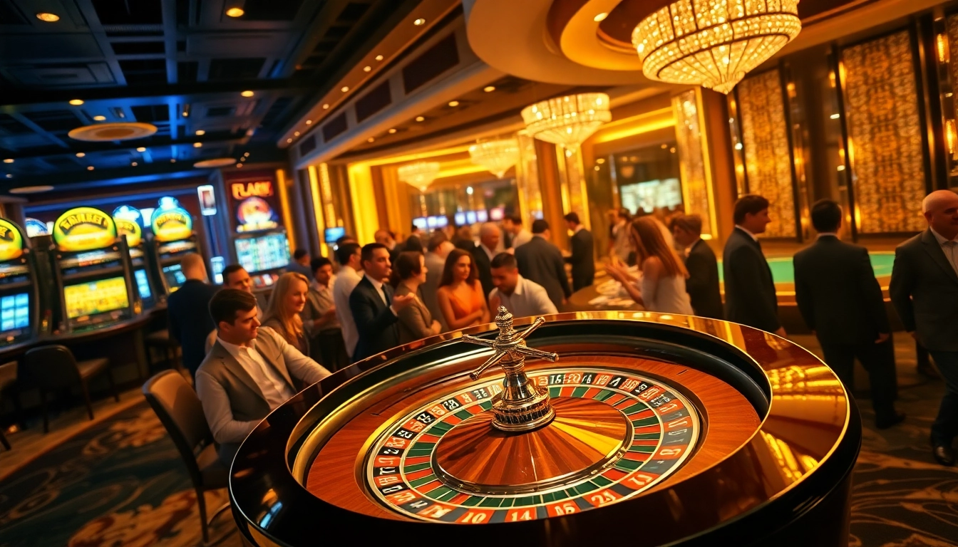 Exciting casino atmosphere with roulette action at https://thabet1.net/ featuring vibrant lights and luxury decor.