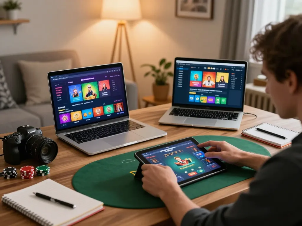 Player strategizing in their home while enjoying sv66 online poker on a tablet and laptop