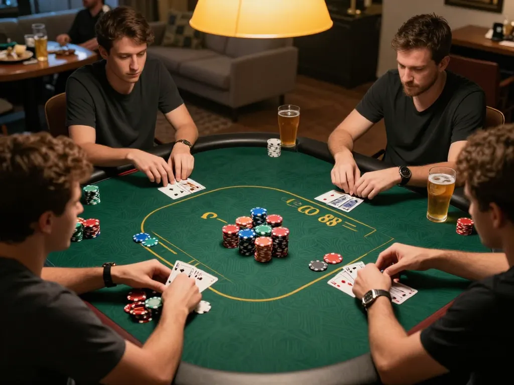 Players enjoying poker at Go 88, engaging in strategic gameplay amidst colorful chips and snacks.