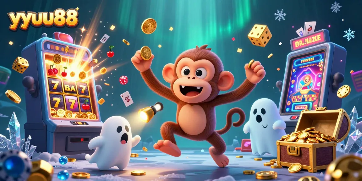 yyuu88 showcases a poltergeist monkey juggling casino elements in a vibrant haunted casino scene.