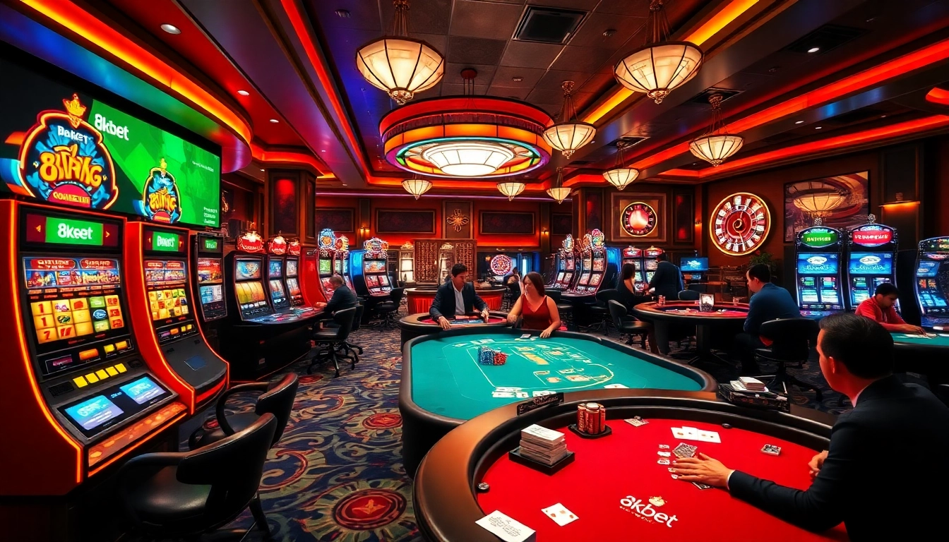 Gambling excitement at 8kbet casino with poker games, slot machines, and roulette wheels.